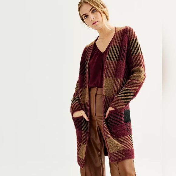 Nine West Clean Collar Plaid Coatigan Sweater Sz M - Picture 1 of 8